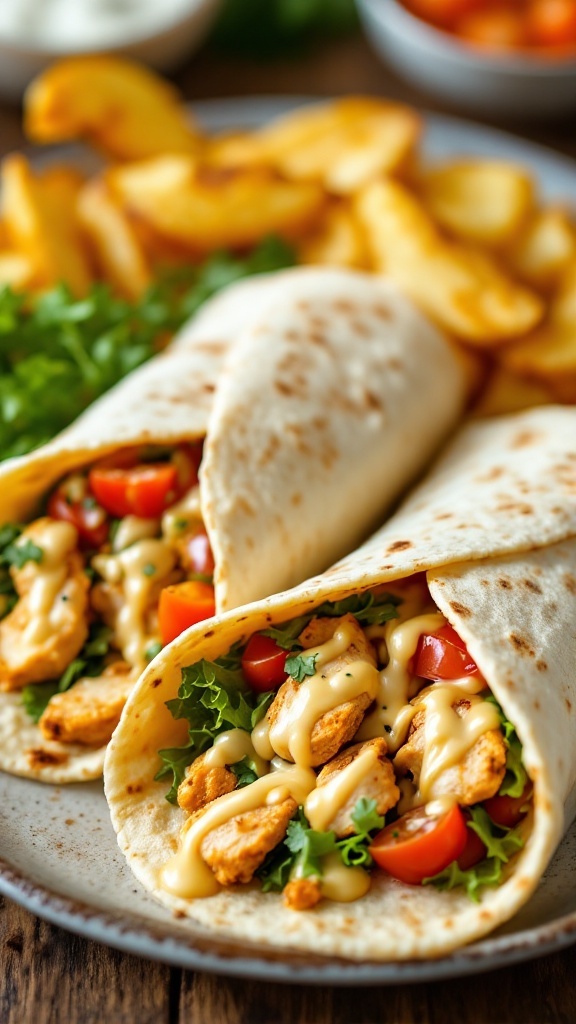 Creamy garlic chicken wraps with melted cheese and fresh vegetables on a wooden table.